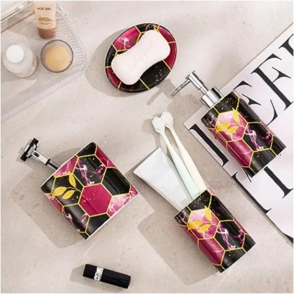 4 pc - Ceramic Bathroom Accessory Set - Purple/ Black/ Gold Honeycomb Design